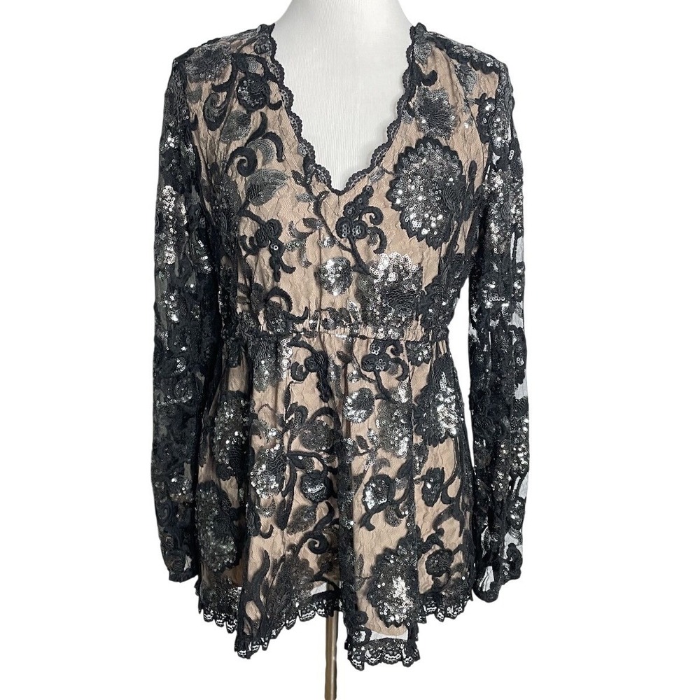 Boston Proper Black Sequin Lace Babydoll Top Blouse Tunic Event Party Medium